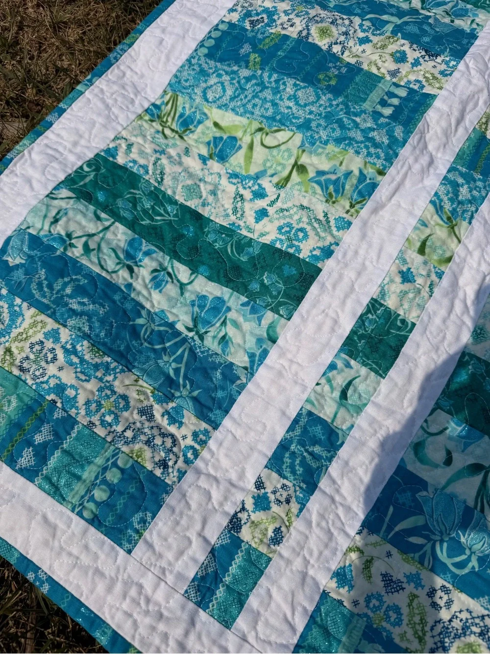 Handmade Psalm 91:4 Blue Floral Quilt 80x54